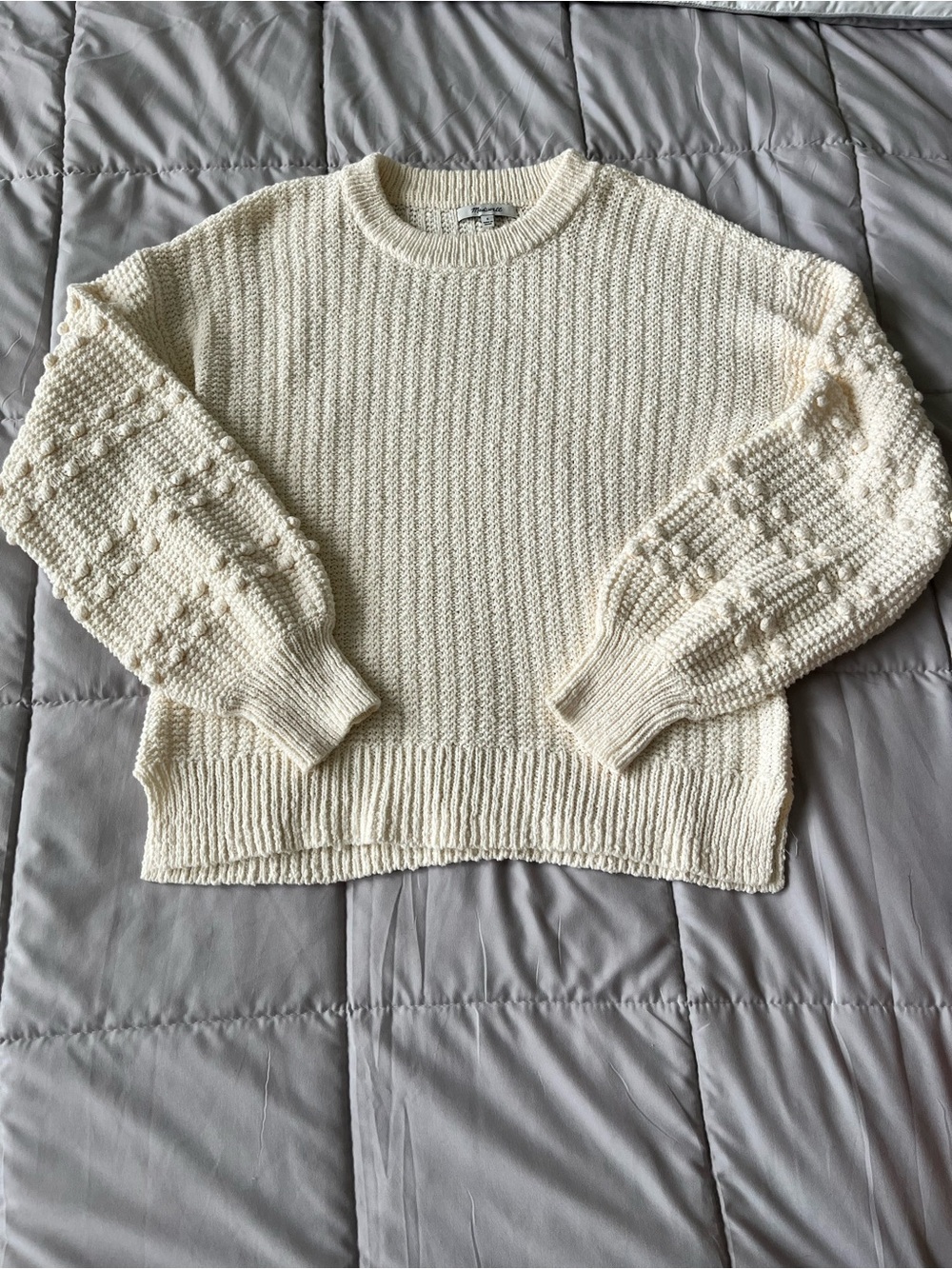 Madewell Cream Bobble Pom Sleeve Ribbed Knit Cotton Sweater